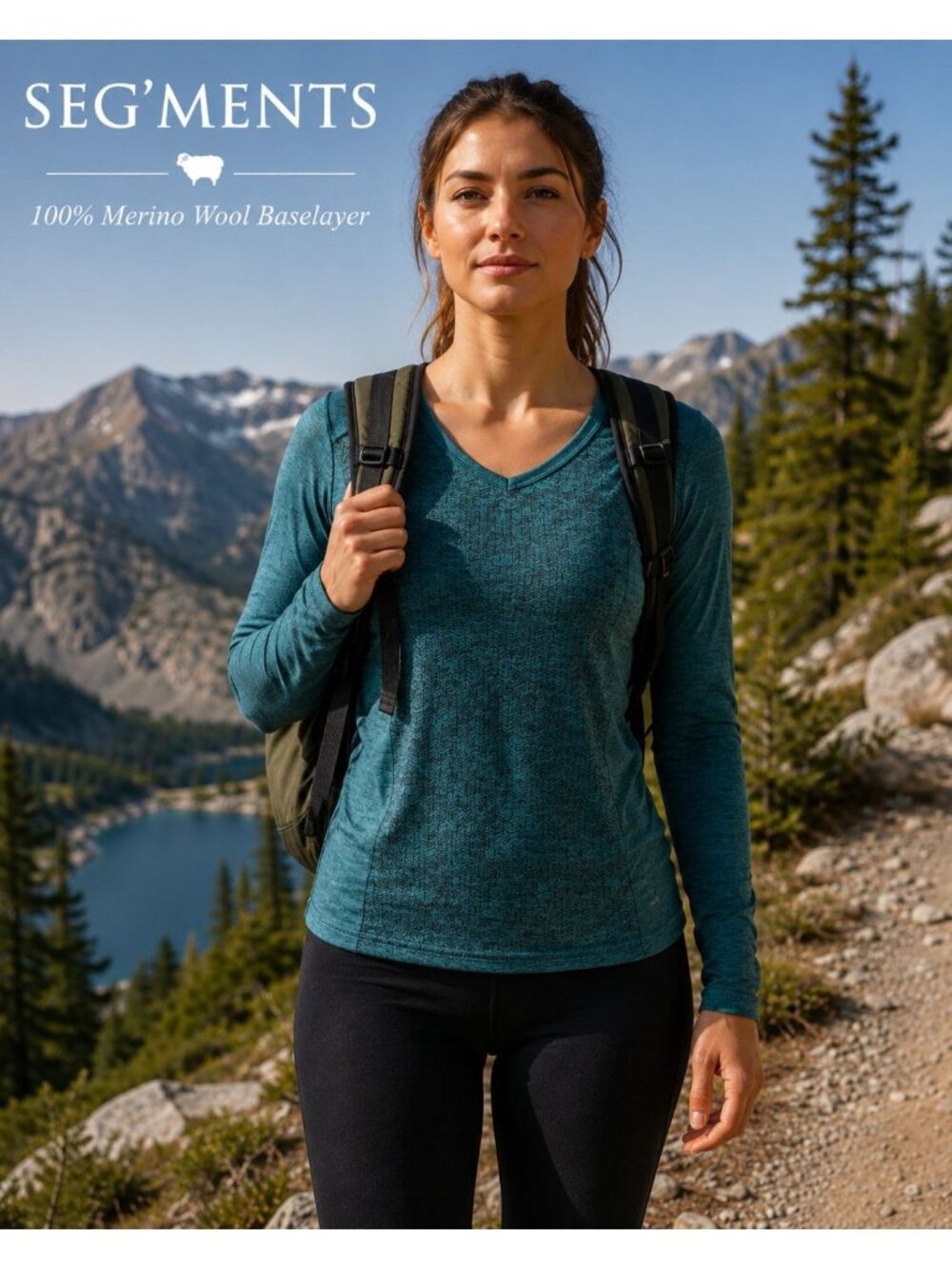 SEG'MENTS Merino Wool Baselayer Top M Teal V Neck Hiking Ski Gorpcore Outdoor